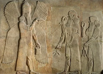 Frieze depicting a winged spirit, a sargon or priest carrying a gazelle and a worshipper carrying a poppy stem, from the Palace of Sargon I, Khorsabad, Iraq